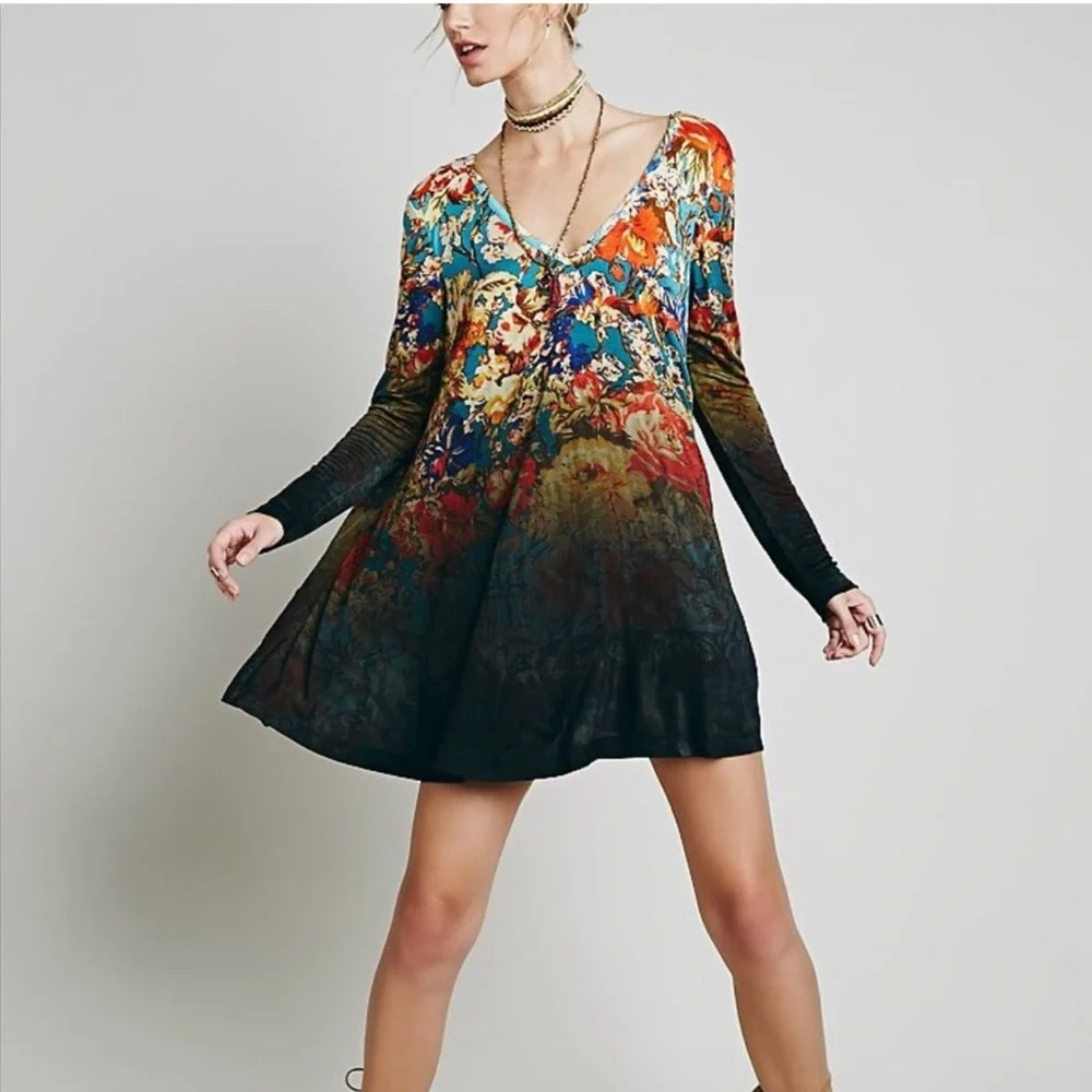 Free People XS Annette‎ Floral Tunic Mini Dress Boho Ombre Flowy Rayon Stretch